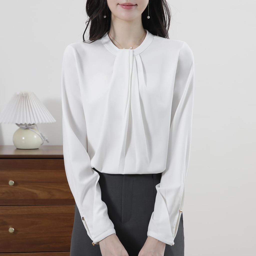 Sueeya Tuck Gathered Puff Sleeve Long Office Entrance Ceremony Women's Blouse, Top, Sleeve, Wear, Elegant, Versatile, Cute, Formal, Office, Commuting,