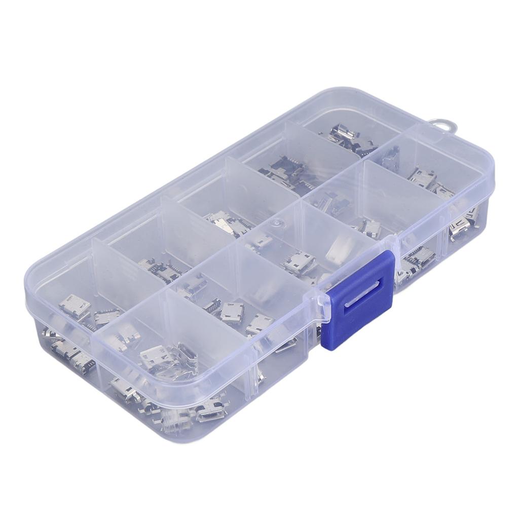100Pcs Micro USB Type B Connector Mini Female Jack Socket 10 Kinds with Storage Box for Digital