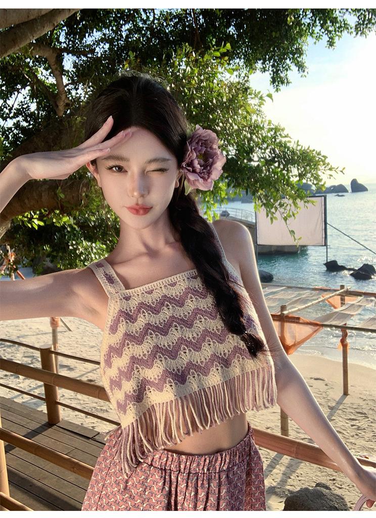 Seaside Wear Suit, Thailand Sanya Vacation Beach Skirt Pants, Bohemian Trousers, Chiffon Wide-leg Trousers, a Complete Set