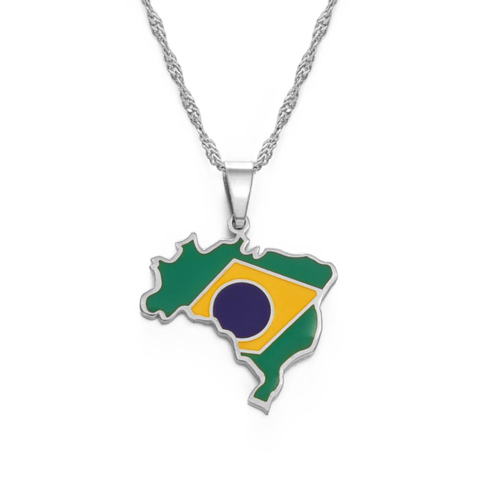 Anniyo Brazil Map and Flag Pendant & Necklace Brasil Maps Silver Color/Gold Color Jewelry #315921