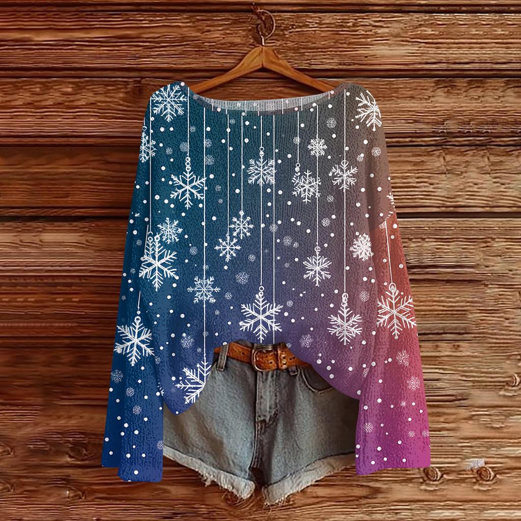 Women's Round Neck Lightweight Sweater Casual Long Sleeve Christmas Print Knit Pullover.