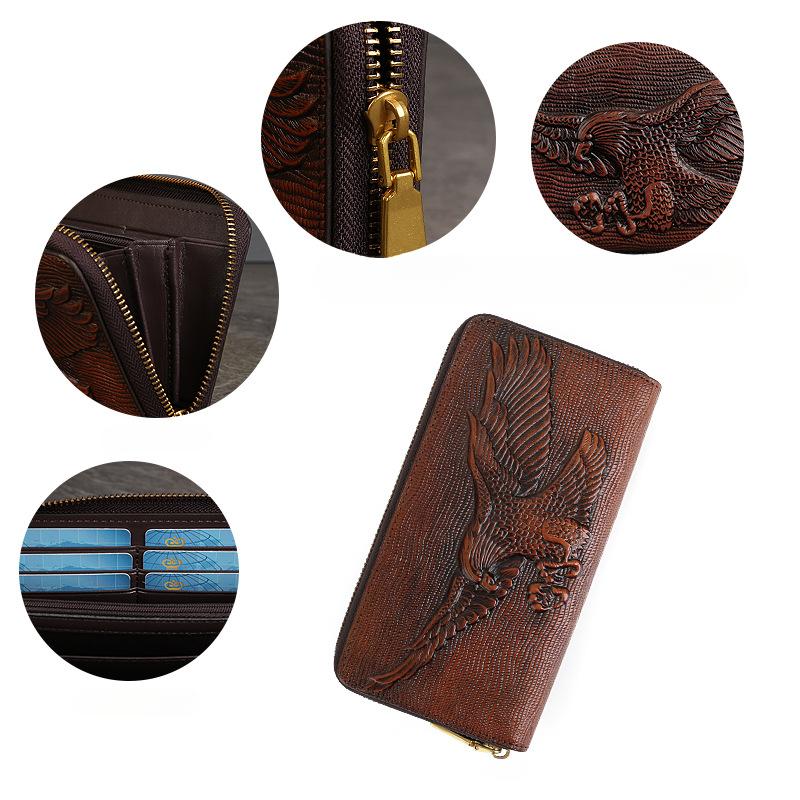 Wallet Men's Pure Cowhide Vintage Embossed Long Zipper Personality Clutch Bag Large Capacity Money Clip