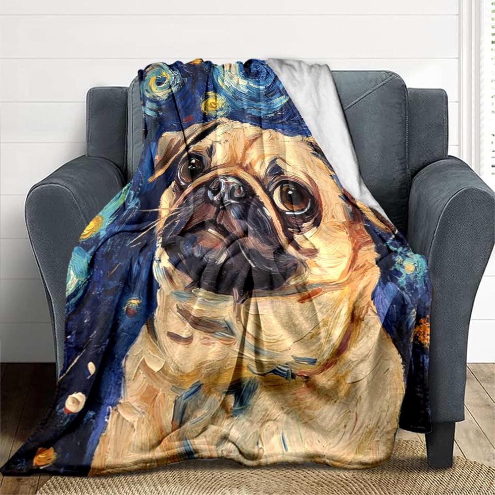 1pc Pug Art Print Blanket Lightweight Flannel Blanket Throw Blanket For Sofa, Bed, Travel, Camping, Livingroom, Couch, Chair, And Bed yy2509026191
