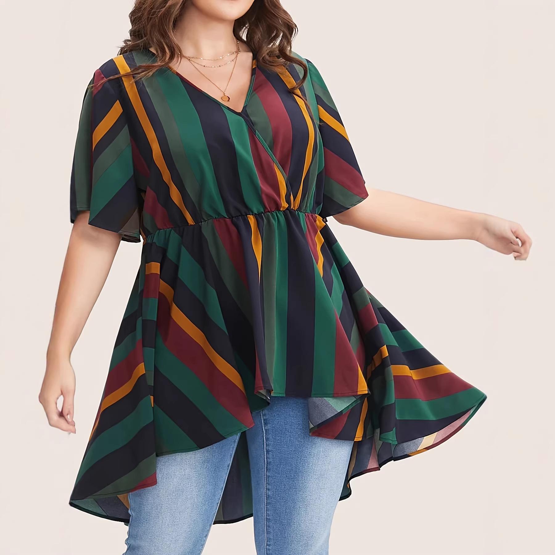 Plus Size Women s V-neck Striped Waist-Cinching Dress 4XL
