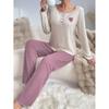 Soft Knit Pajama Set With Ribbed Texture Heart Embroidery Long Sleeve Lounge Wear Women