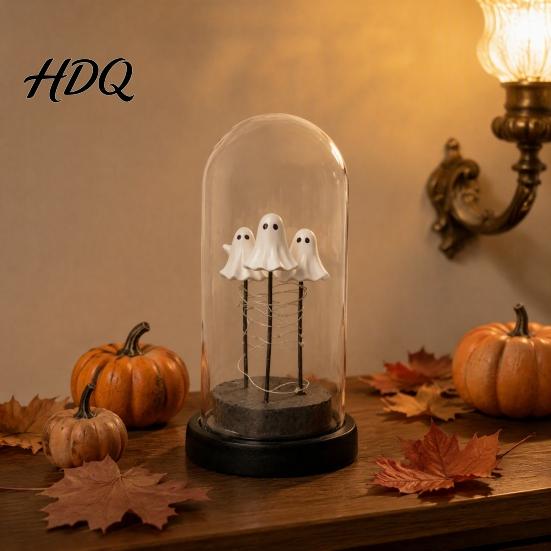 Indoor Halloween Display Ornament Decorations 3 Mini Light Up Ghost in Cloche Night with LED Lamp for Party Warm Lights Cute Spooky Decor