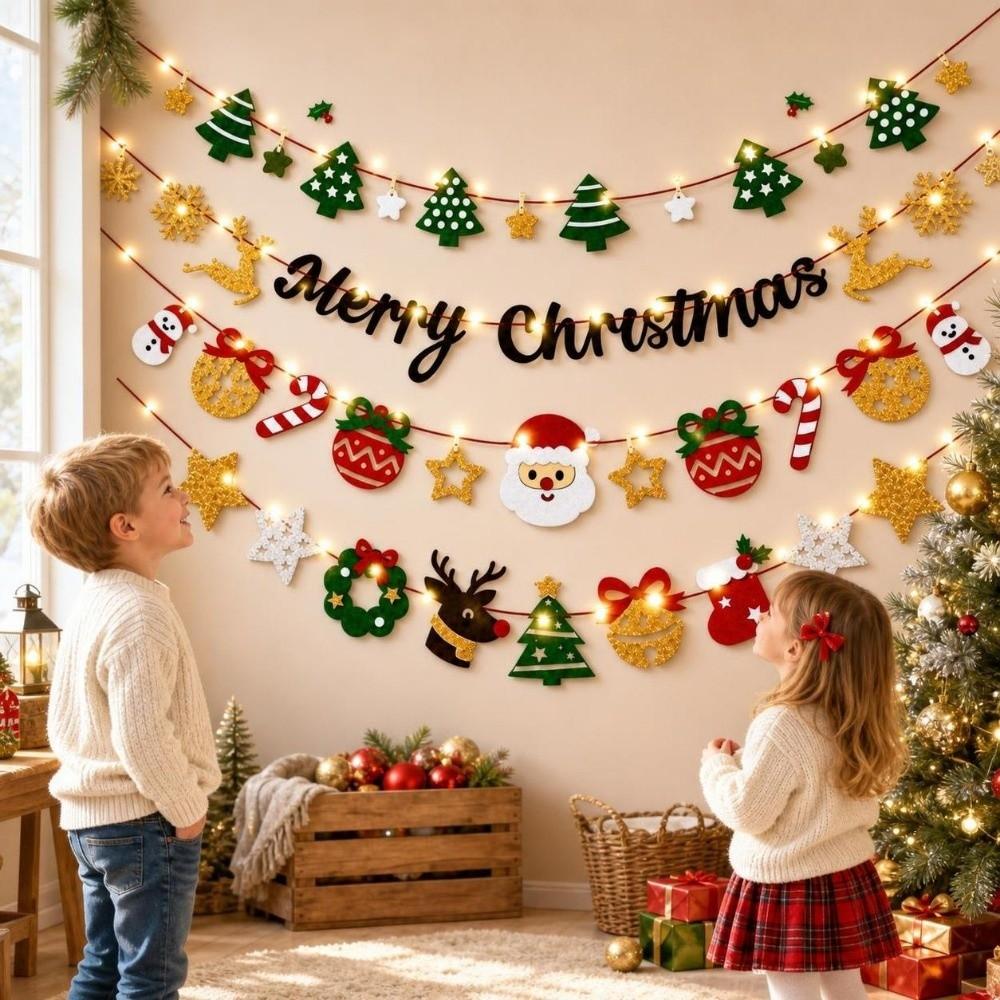 Warm Light Wall Hanging Banner Cartoon DIY Pull Flag Christmas Luminous Banner  Christmas Party