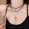 Dark Punk Multi-Layer Leather Beaded Cross Pendant Necklace - Women's Elegant Clavicle Chain Choker