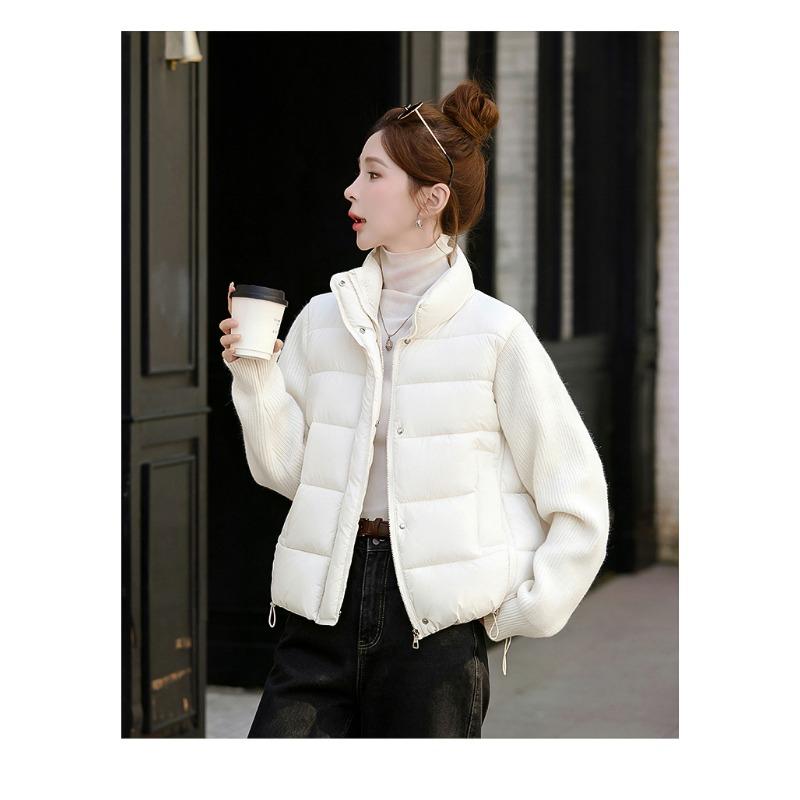 Women Short Cotton Jacket Stand Collar Long Sleeve Solid Color Casual Winter Coat