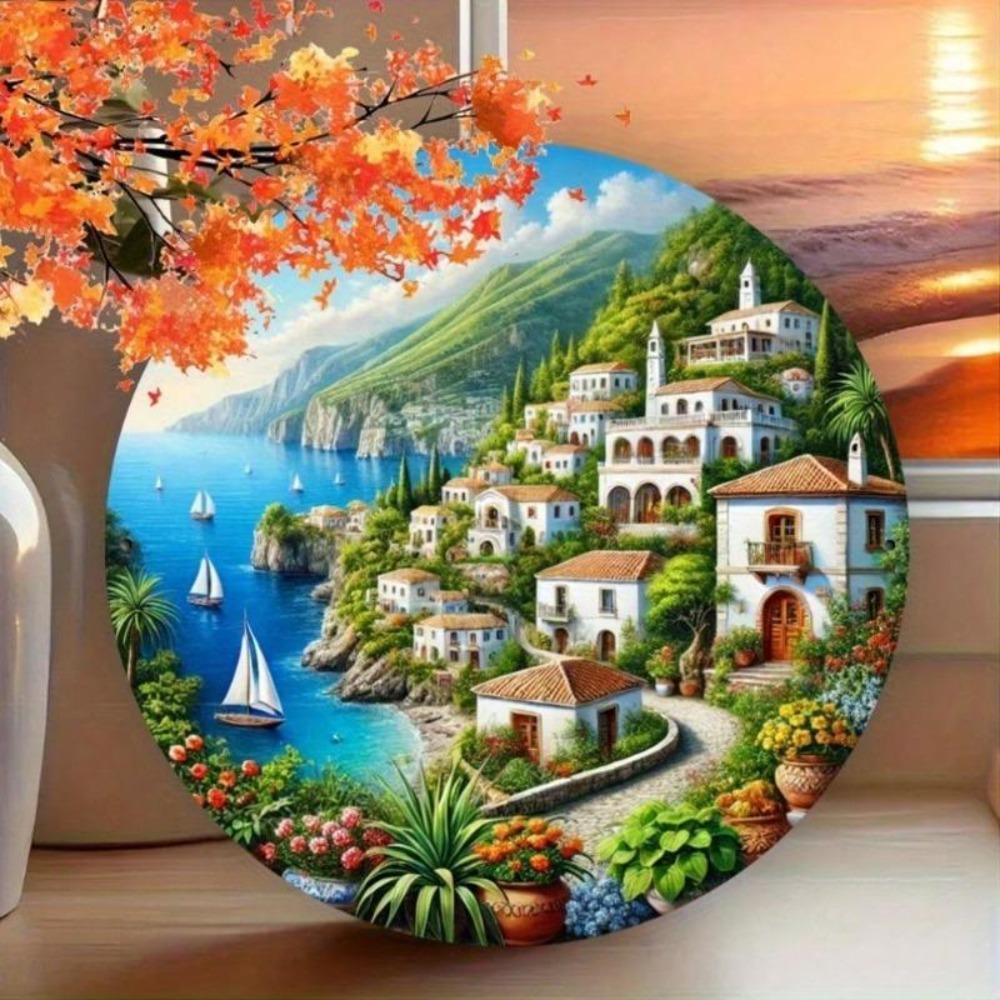 Metal Wall Art Mediterranean Coastal Village Sign Greek Island Sea Landscape Decor