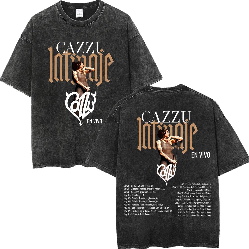 Vintage Washed Cazzu Latinaje Tour  Merch Tshirts Men Women Fashion Aesthetic Tshirt Summer Casual Loose Cotton T Shirts