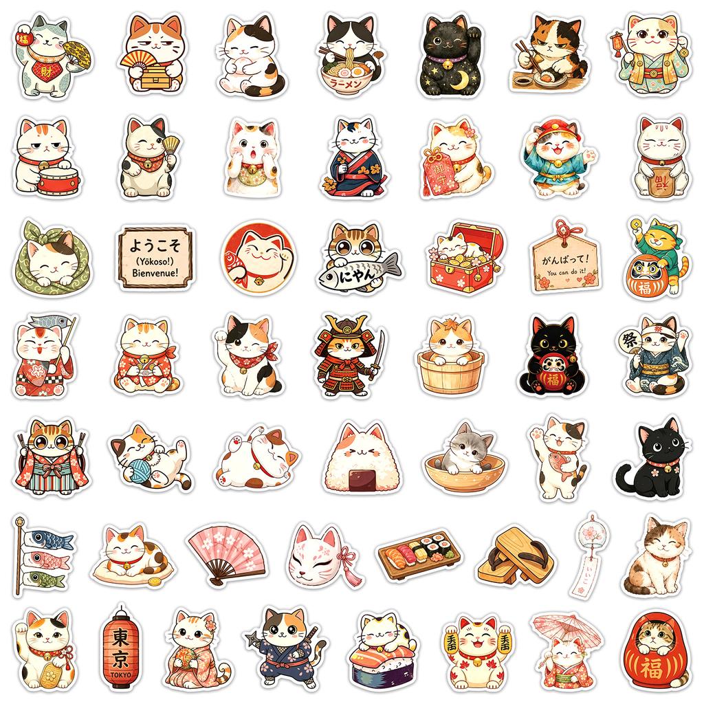 50Pcs Retro Japanese-Style Ambiance Cats Stickers Cute Cat Creative Cartoon Decal Diy Luggage Phone Guitar Scrapbook Kid Toys