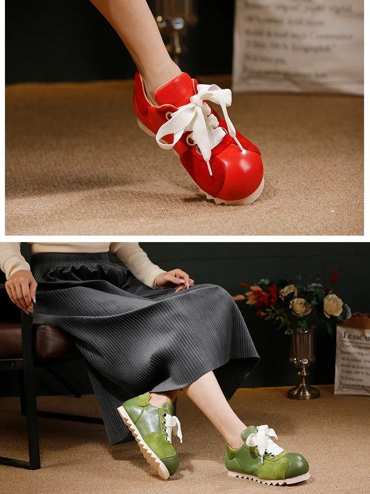 Johnature Genuine Leather Women's Shoes Casual Sports Lace-up Round Toe Versatile Flat Shoes