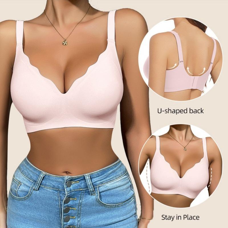 European Plus Size Wireless Seamless Bra for Women Deep V Wavy Edge Soft Support Gathered Anti-Sagging Cutout Back Intimates