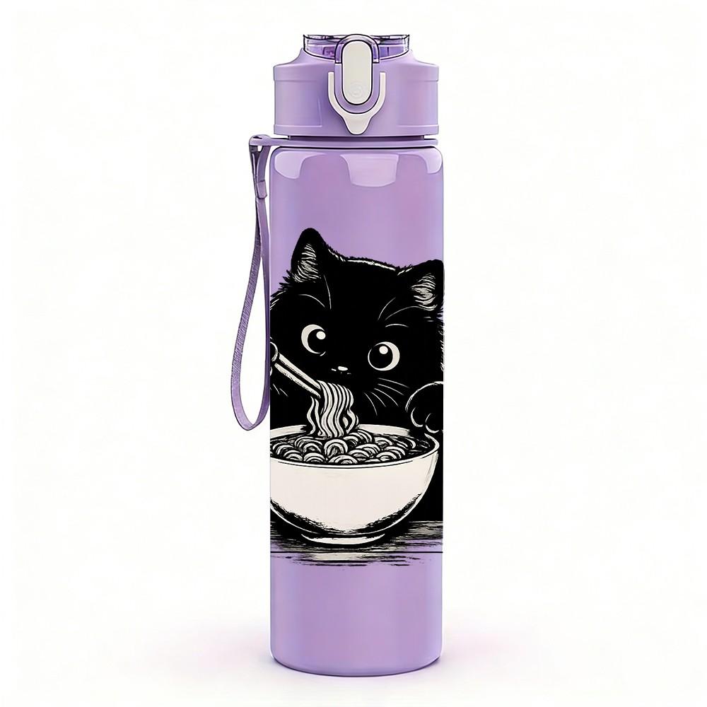 1PC Black Cat Eating Noodle Print 750ml Color Plastic Sports Water Bottle Leakproof Flip Straw Lid Suitable for Sports Office Home Use