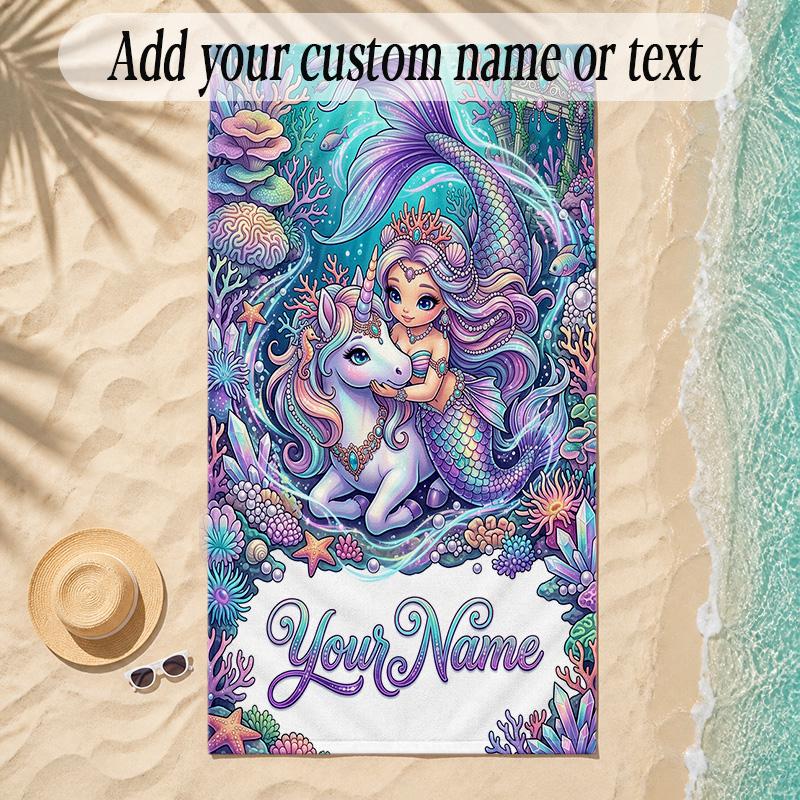 Unicorn Theme Soft Beach Towel Personalized Custom Name Text Towel Portable for Beach Pool Travel