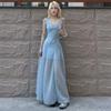 French feeling blue suspender dress women's summer great look beautiful waist thin temperament a word long dress