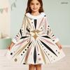 Girls Long Sleeve High Neck Printed A Line Flared Dress With Furry Collar Cuffs And Bow