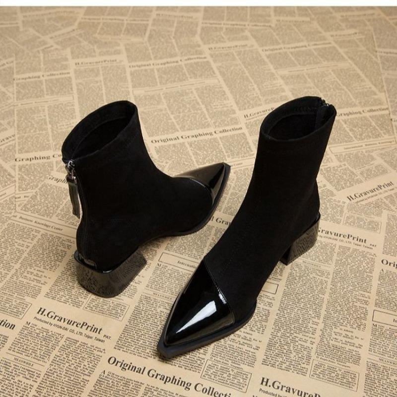 Fashion Ankle Boots Women Chunky Mid Heels Suede Shoes Woman Pointed Toe Trend Winter New Style Goth Walking Snow Boots Zapatos De Mujer