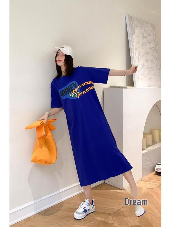 Korean Style Summer Slit Print T-Shirt Dress for Women - Loose, Slimming, Short Sleeve, Oversized Nightdress