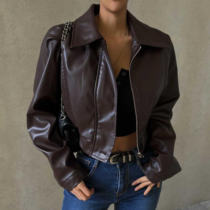 Retro Biker Style Women's PU High-Shine Jacket - 2025 Autumn Winter Trendy Versatile Faux Leather Coat, Edgy Chic Motorcycle Outerwear