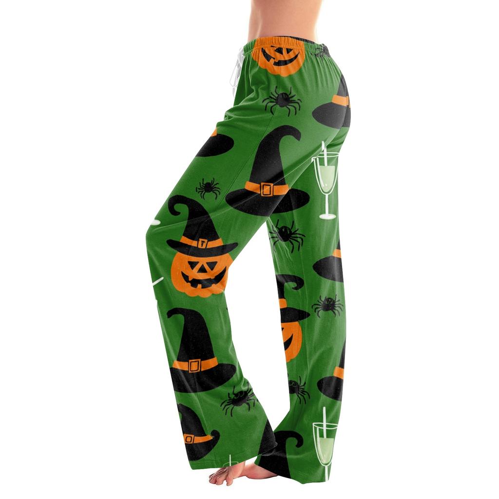 Dámské pyžamové kalhoty s halloweenským potiskem a stahovací šňůrkou - Měkké ležérní kalhoty na spaní se zábavným potiskem, Pohodlní spodní díl pro ženy, Volný střih