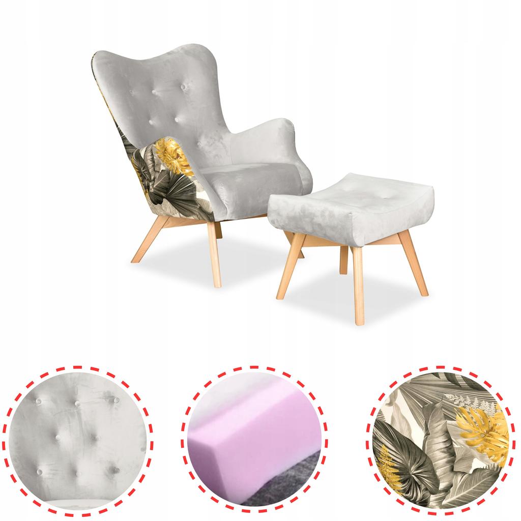 Fotel z pufą skandynawski uszak Luna Print Duo podnóżkiem Family meble szary