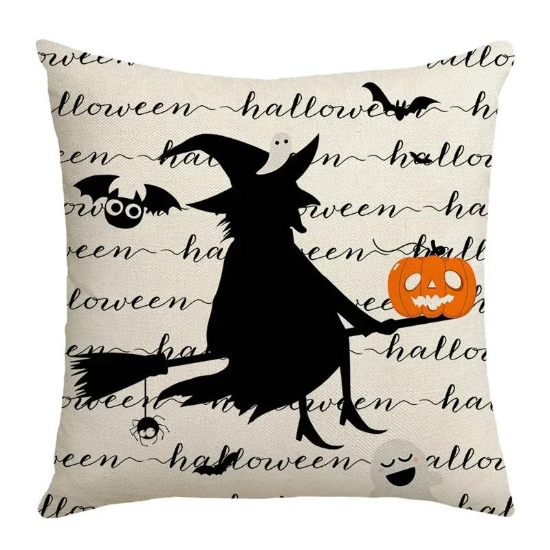 40/45/50cm Halloween Party Decorations Linen Pillowcase for Sofa Black Witch Ghost Print Throw Pillow Cover Home Decor