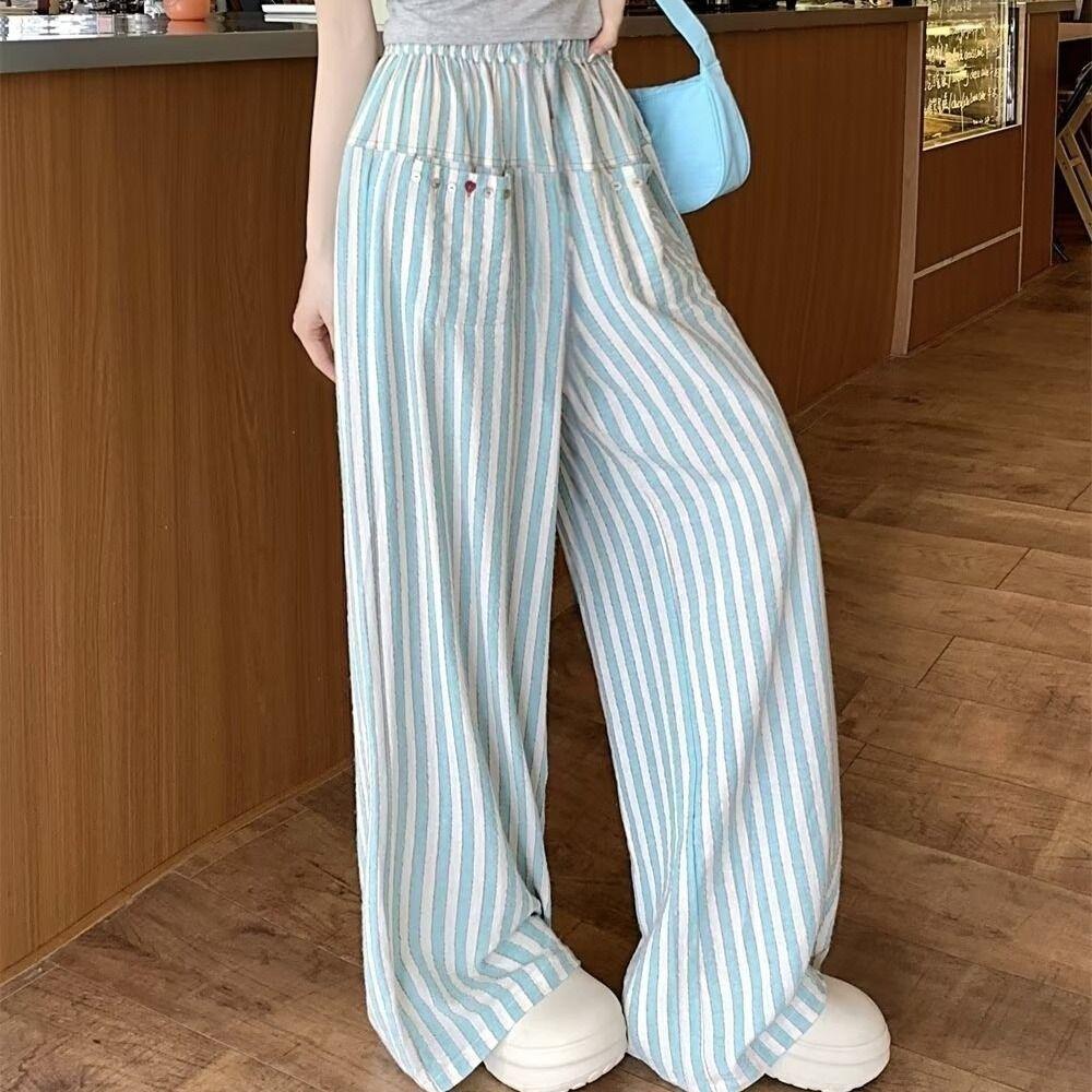 Loose Wide Leg Pants Chic Straight Leg Pants Sweet Casual Stripe Long Pants  Women
