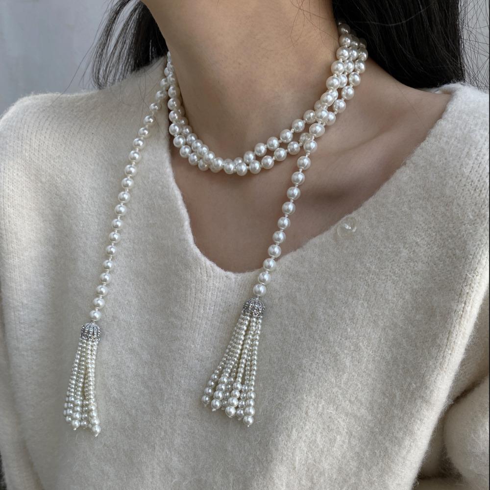 Exaggerate Pearl Beaded Necklace Tassel Multilayer Necklace Temperament Waistband  Women