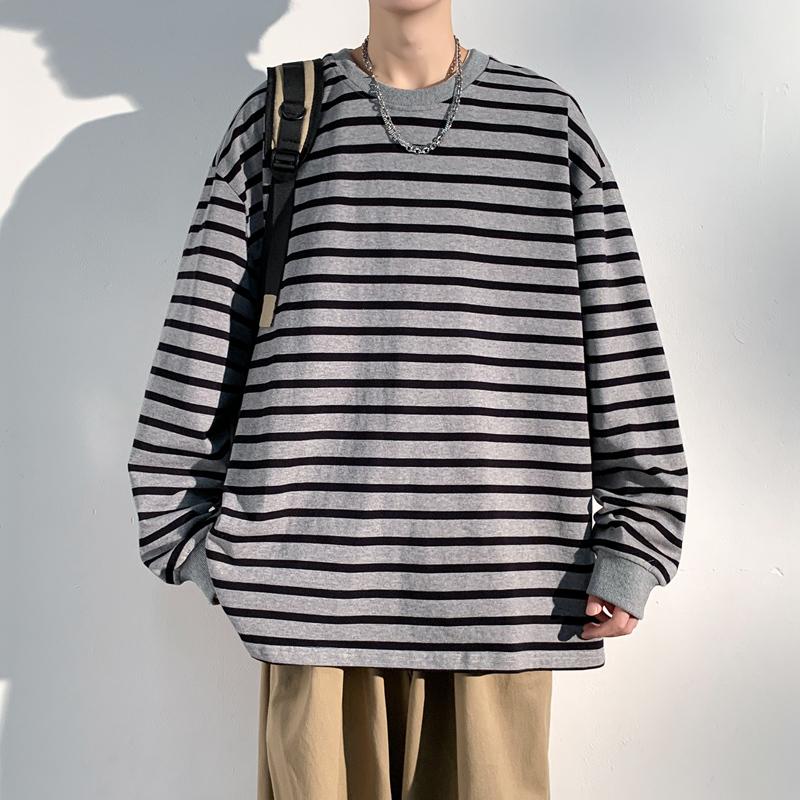 Men's Spring and Autumn Outdoor Trendy Stripe Couple Hong Kong Style Long Sleeve Round Neck T-shirt Pure Cotton Hoodie