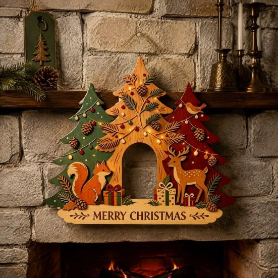 Winter Festive Home Decorations Christmas Wooden Sign Hanging Ornament, Multi-Layer Tree Wood Plaque Rustic Holiday Wall Decor with Rope, Merry