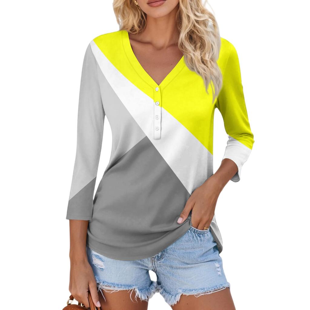 Damen Casual Mode Sexy Bequem V-Ausschnitt Knopf Streifen Patchwork Farbe Dreiviertelarm Oberteil