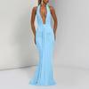 Women's Neck Deep V Backless Maxi Dress with Waist Tie Sash