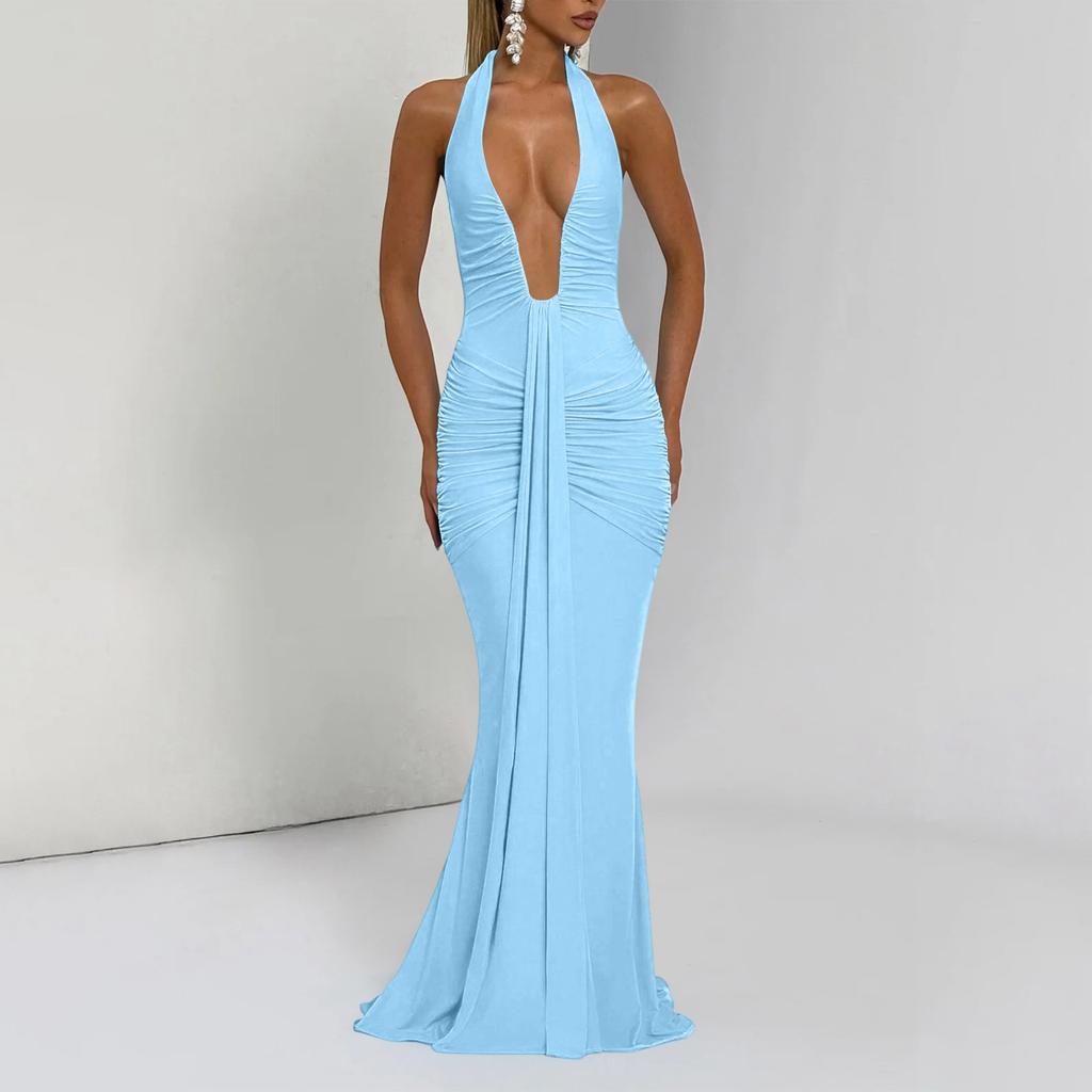 Women's Neck Deep V Backless Maxi Dress with Waist Tie Sash