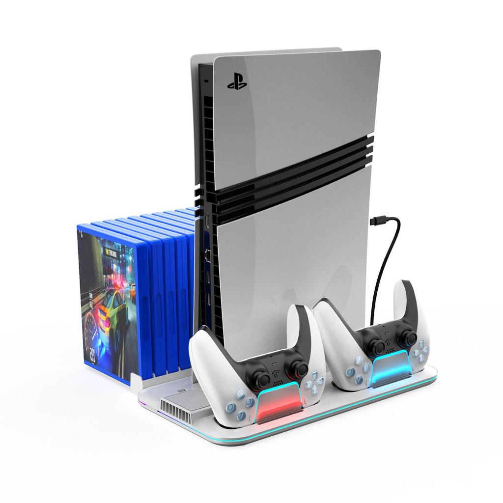PS5 Pro/Slim Ultra-Thin RGB Cooling Base & Controller Charging Dock with Game Disc Rack