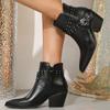 Fashion Genuine Leather Western Ankle Boots Women Fashion Rivet Belt Buckle Design Shoes Sexy Pointed Toe Square Heel Zipper Botas Mujer