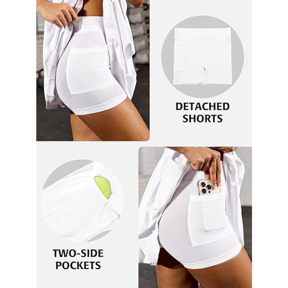 Charmleaks Damen Tennis Kleid mit integriertem BH und Shorts Reißverschluss vorne Plissiertes Sportkleid Nahtloses Golfkleid