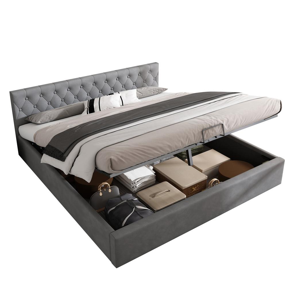 Velvet Upholstered Bed, 180*200cm, Buttoned Headboard, Double Bed, Hydraulic Bed with Storage, Slatted Frame, Gray[OLD SKU:29775960AAH]