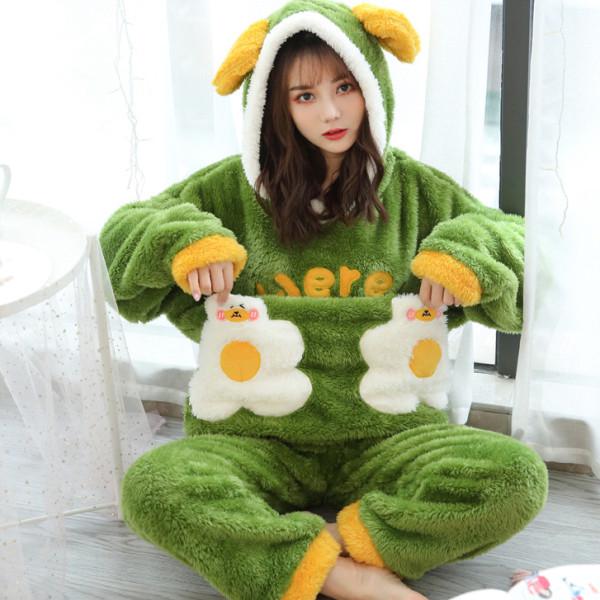 Damen Langhaariger Flanell-Pyjama mit Kapuze - Dicker, warmer Korallenfleece-Anzug für Herbst/Winter