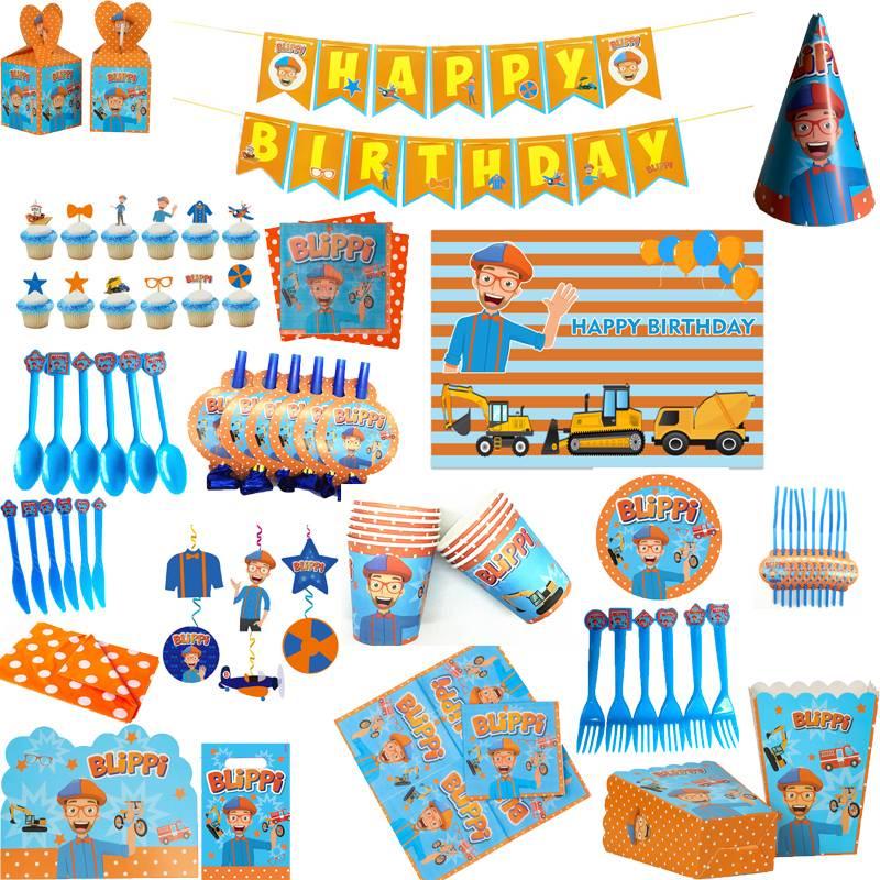Birthday Party Blippi Supplies Paper Cups Plates Banner Straw Kids Balloon Decor