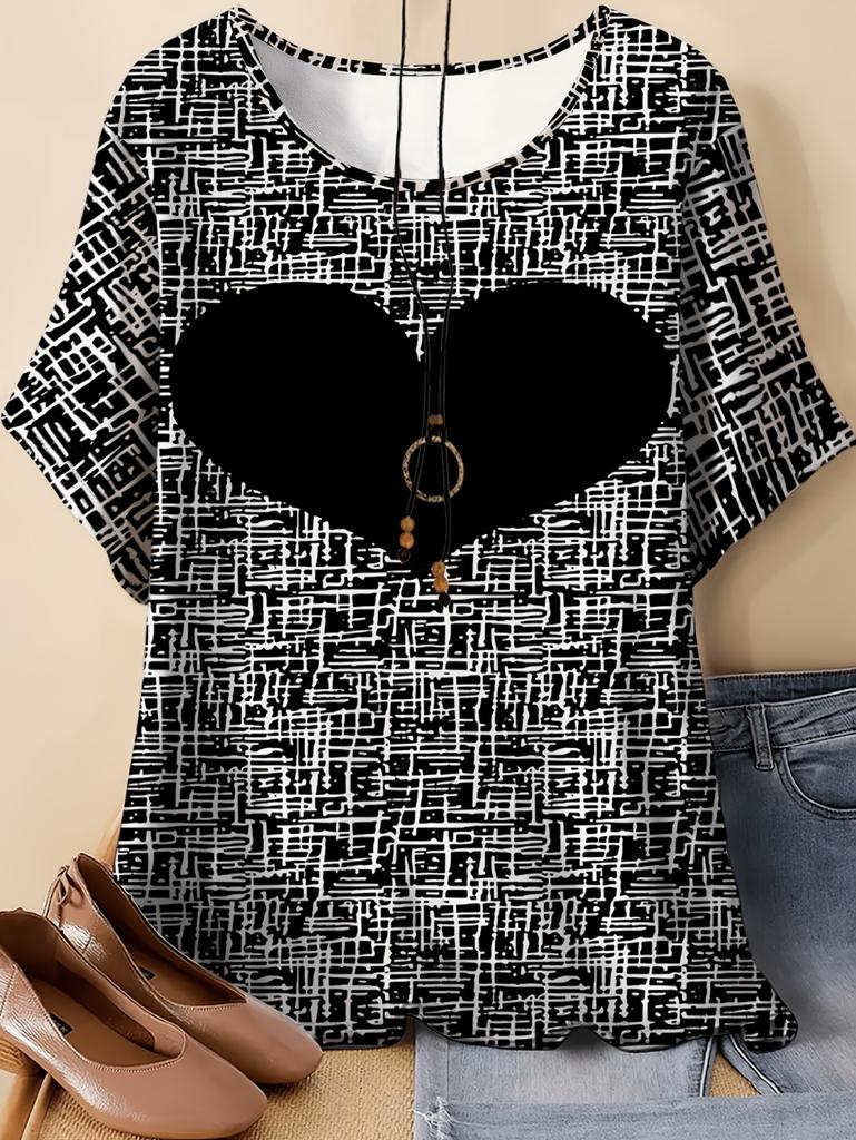 Vintage Sommer Damen T-Shirt Herzförmiger Aufdruck Locker Lässig Große Größen Kurzarm Rundhals T-Shirts 2026 Y2k Damenbekleidung