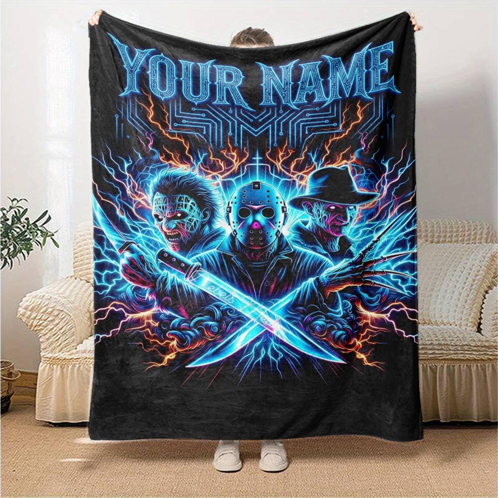 Name Custom Horror Themed Print Flannel Blanket High Quality Warm Comfortable Cover for All Seasons Perfect for Gifts Home Decor