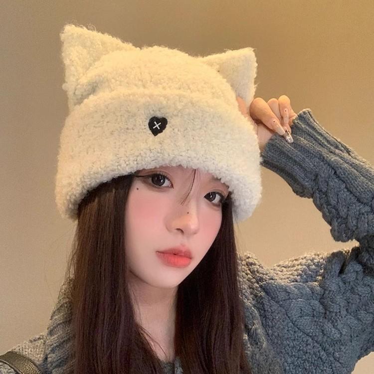 Hats for Women Knitted Cute Cat Ear Knitted Hat Love Embroidery Knitted Wool Hat Winter Warm Ear Protection Cold Hat
