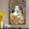 Abstract Woman and Cat Canvas Painting Wall Art Gustav Klimt Art Elegant Girl Poster Prints for Office Living Room Home Decor