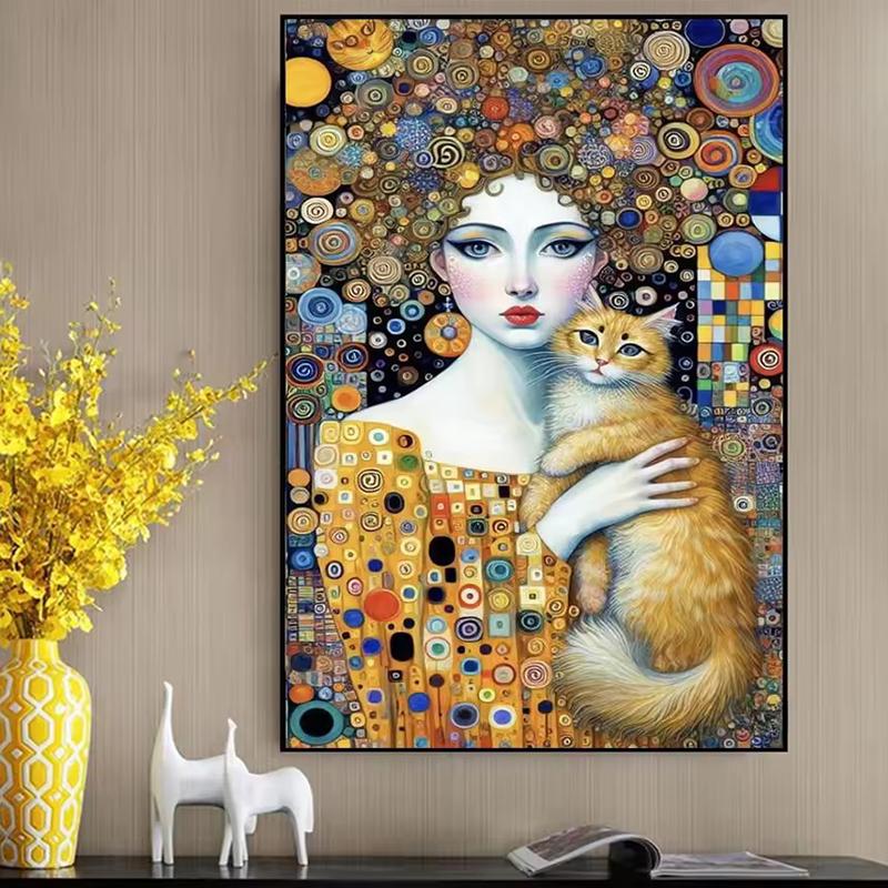 Abstrakte Frau und Katze Leinwandmalerei Wandkunst Gustav Klimt Kunst Elegantes Mädchen Posterdrucke für Büro Wohnzimmer Heimdekor