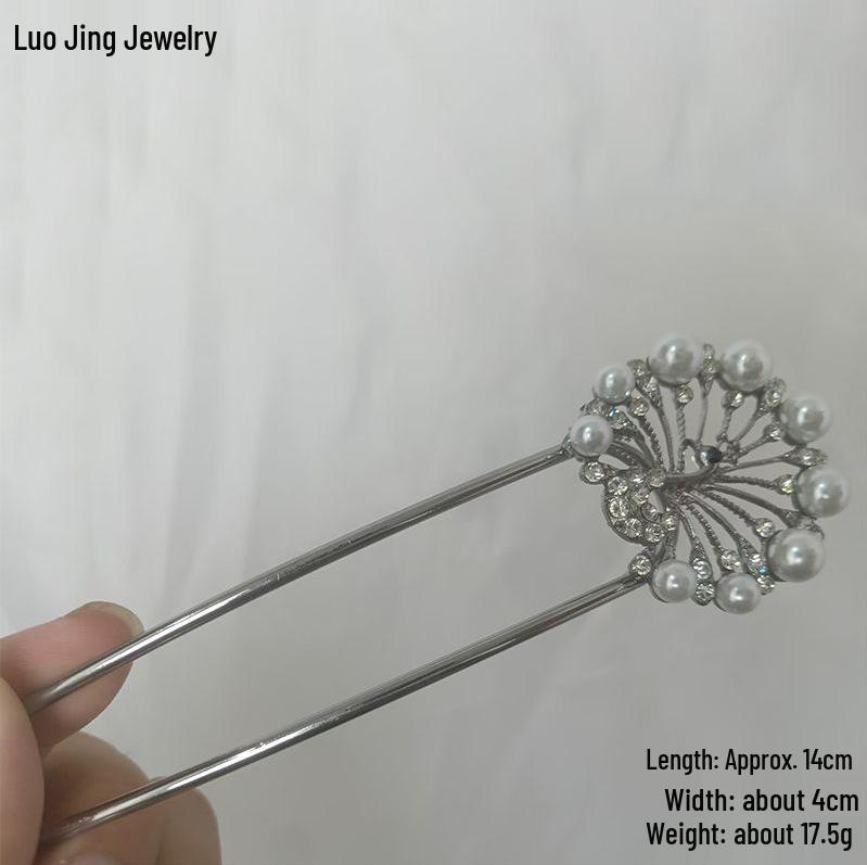 Épingle à cheveux vintage en forme de U avec pompon paon pour femmes - Épingle à chignon nacrée pour Cheongsam et Hanfu