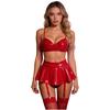 Women PU Leather Lingerie Set Wire-free No Pad Bra Top And Built-in Thongs Ruffled Miniskirt with Garter Clips Wet Look Clubwear