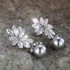 Cute Female Crystal White Zircon Flower Gray Pearl Stud Earrings Vintage Silver Color Party Wedding Jewelry For Women