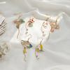 1 Pair Women Earrings Fan Crane Asymmetry Jewelry Animal Pendant Faux Pearl Painted Hook Earrings for Dating